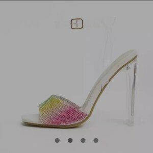 Missguided square toe rainbow diamante barely there heeled sandal UK7 EU40 US10